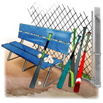 野球ｲﾗｽﾄ_金網に立て掛けたバットと青いベンチ