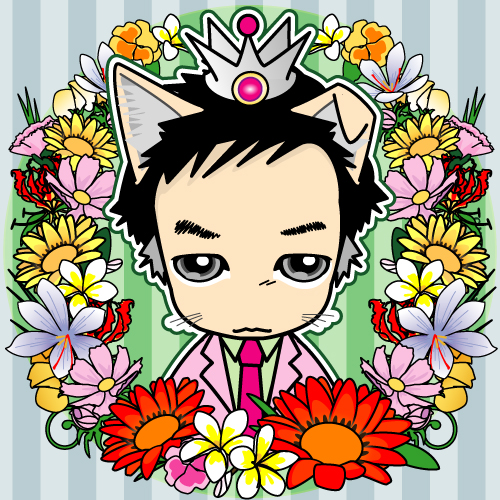 可愛いデフォルメ似顔絵花に囲まれたネコかぶり