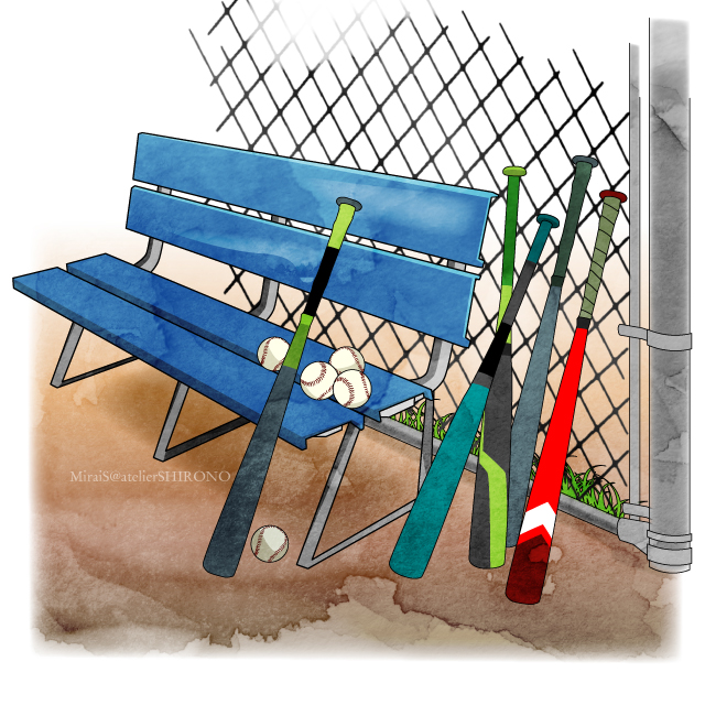 野球イラスト風景_金網と青いベンチとバット