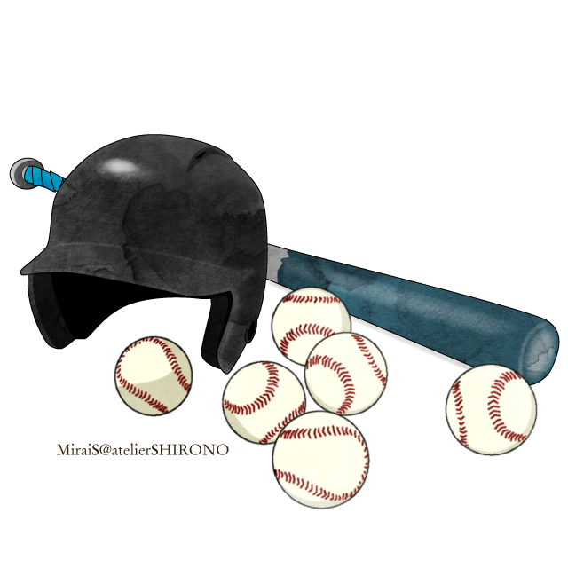 野球イラスト_黒のヘルメットとボールと金属バット