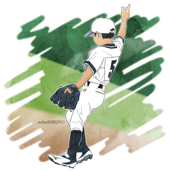 水彩画タッチの守備につく少年野球イラスト