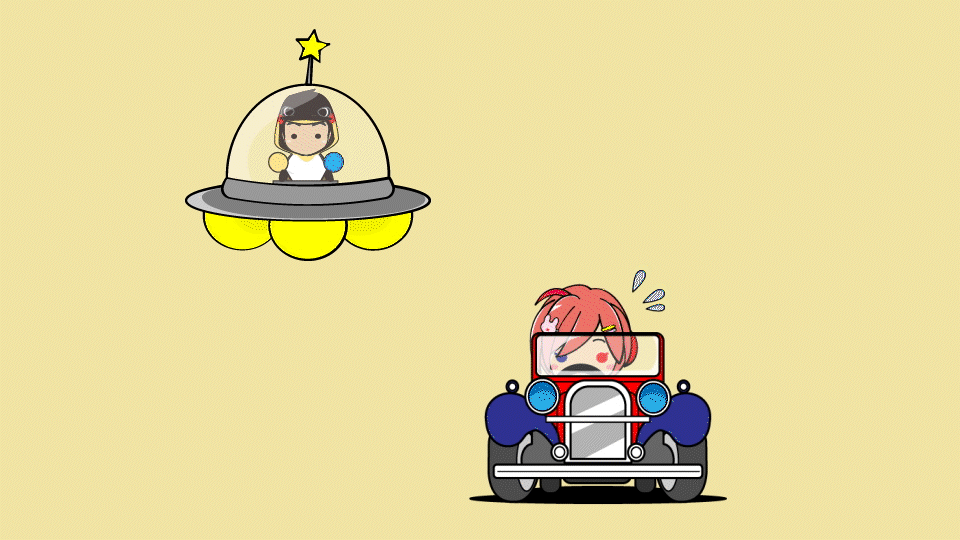 可愛い動くイラスト_UFOに追いかけられて車で逃げる女の子
