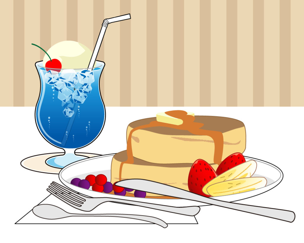 楽しく脳トレ用のクリームソーダとパンケーキイラストです。問題はYouTubeに投稿しています。間違いは三つ。あなたはわかりますか