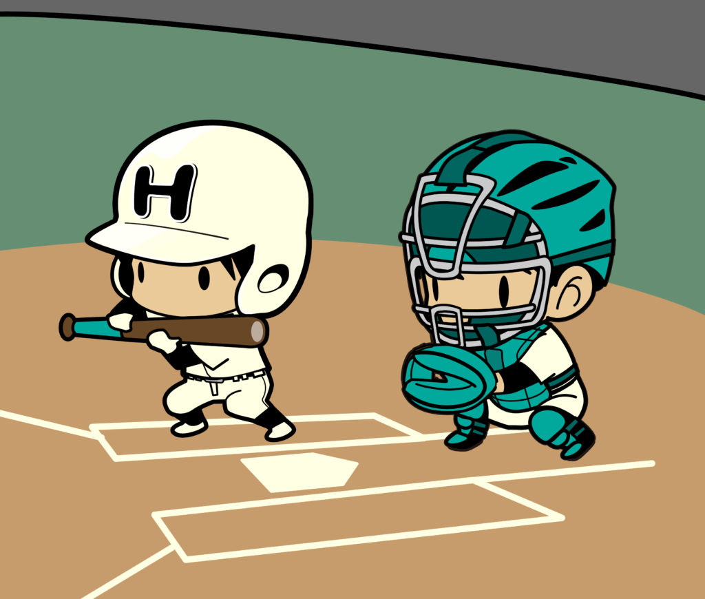 バントを決めたい球児ちゃん。 配色で悩むアトリエしろの 間違い探しイラストは目に優しい配色を目指します。